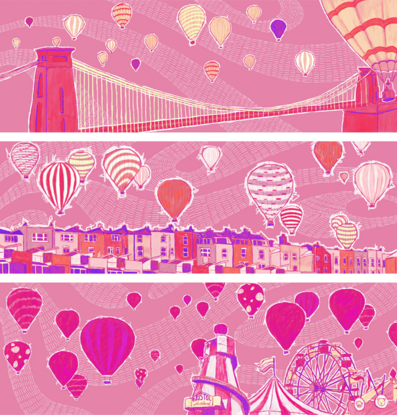 Bay Jemima digital illustration editorial artwork of hot air balloons over Bristol