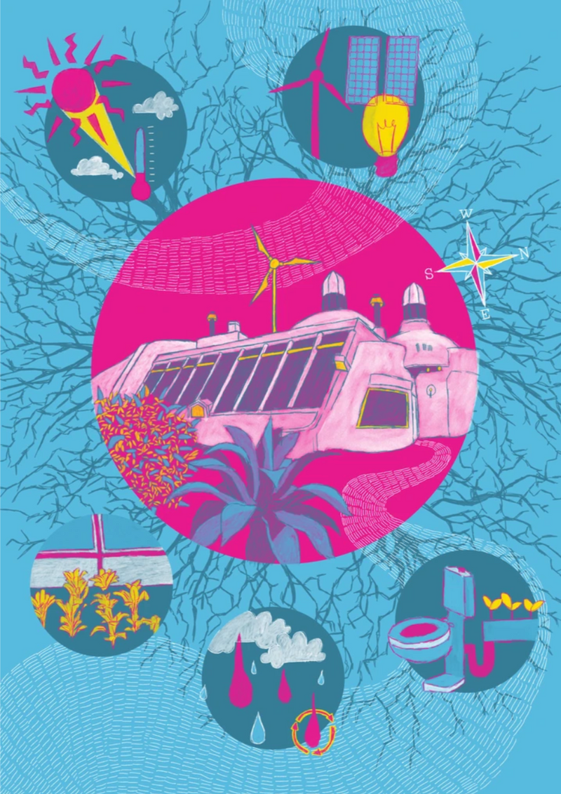 Bay Jemima digital illustration editorial artwork of an earthship sustainable home